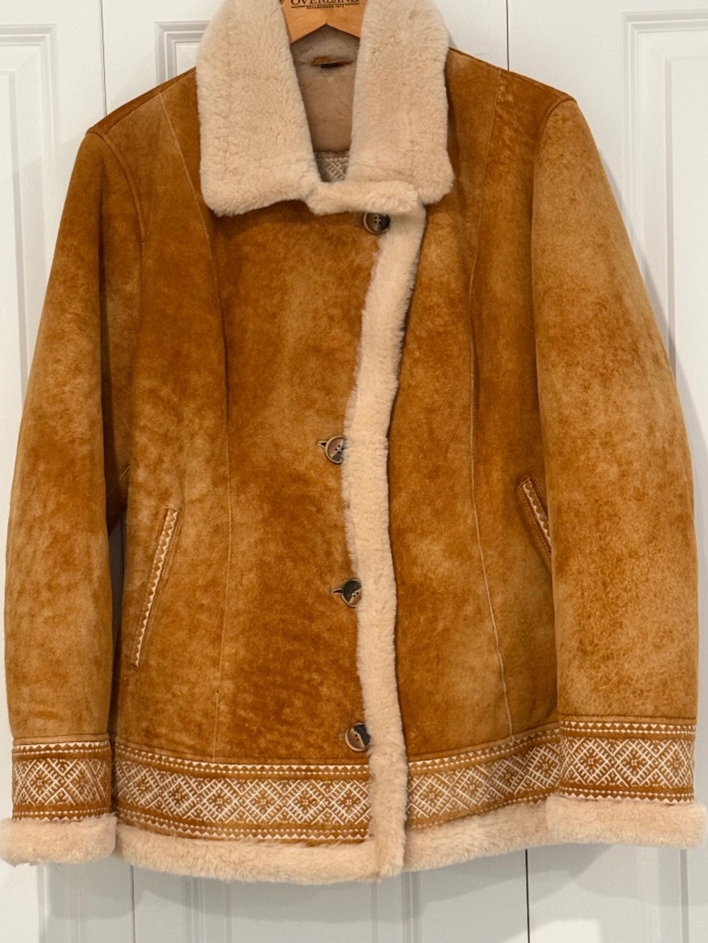 Overland Merino Sheepskin Shearling Jacket XL Cognac Tan Embroidered